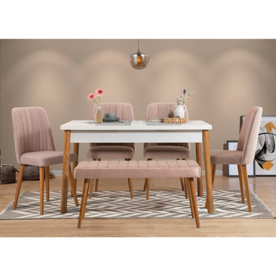 Ensemble de table et chaises de salle à manger élégant 6 pièces, pin atlantique | 100% panneau de particules enduit de mélamine, table: 47,2 po x 30,3 po x 29,5 po | Chaises (4): 18,5 po x 35,4 po, hauteur du siège: 19,3 po | Structure en métal, 10