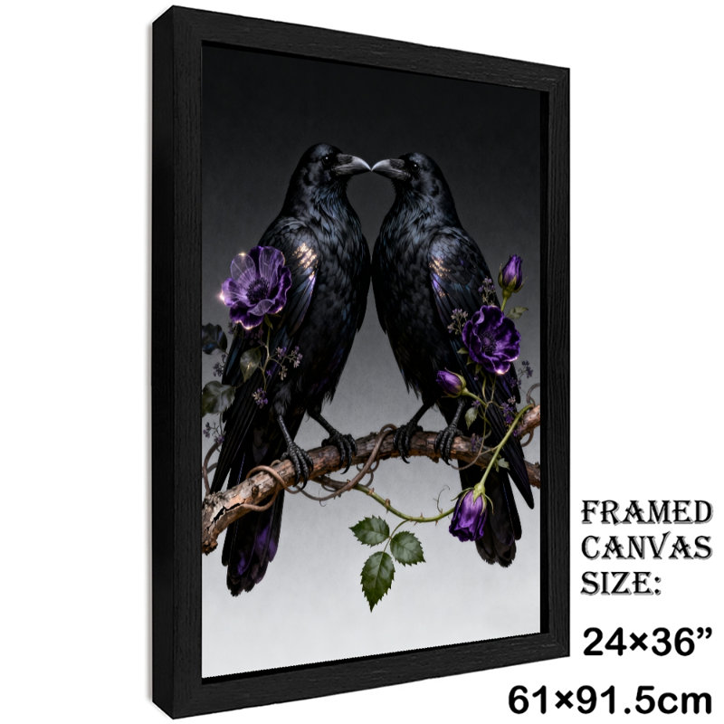 Reproduction d'art encadrée noire rétro avec deux corbeaux et fleurs mauves, H 37 po x l 25 po