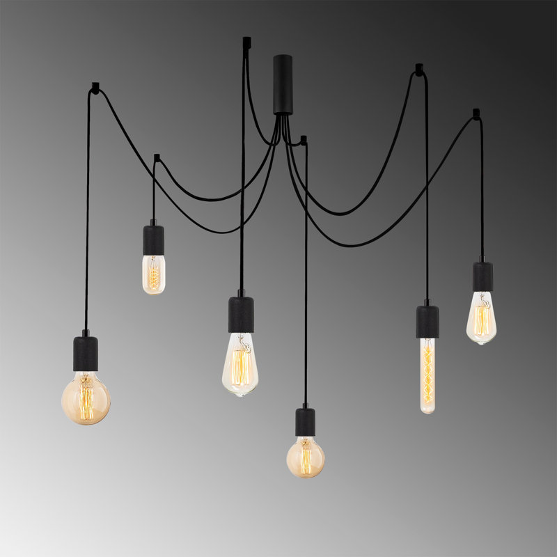 Lustre industriel moderne, structure en métal noir, hauteur réglable 40,2 po x 40,2 po x 40,2 po | Plaque de base: 6,3 po de diamètre, 1,6 po de hauteur | 6 x douilles E27, 40 W maximum | Éclairage élégant pour la maison et le bureau