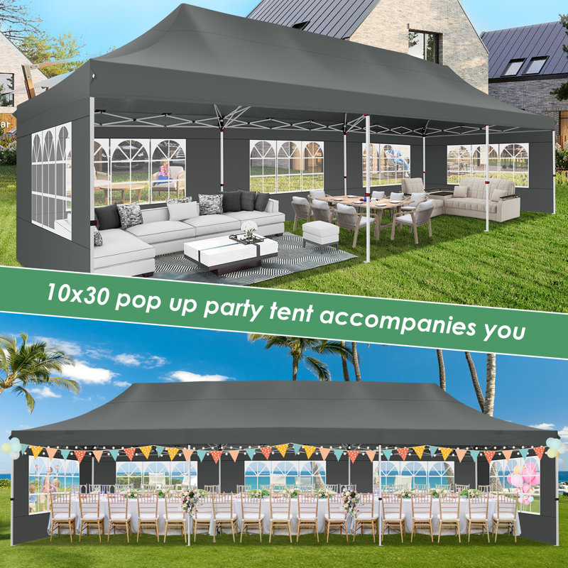 30 x 10 FT Pop up Canopy with 8 Removable Sidewalls, Outdoor Canopy Waterproof Commercial Tents, Grey