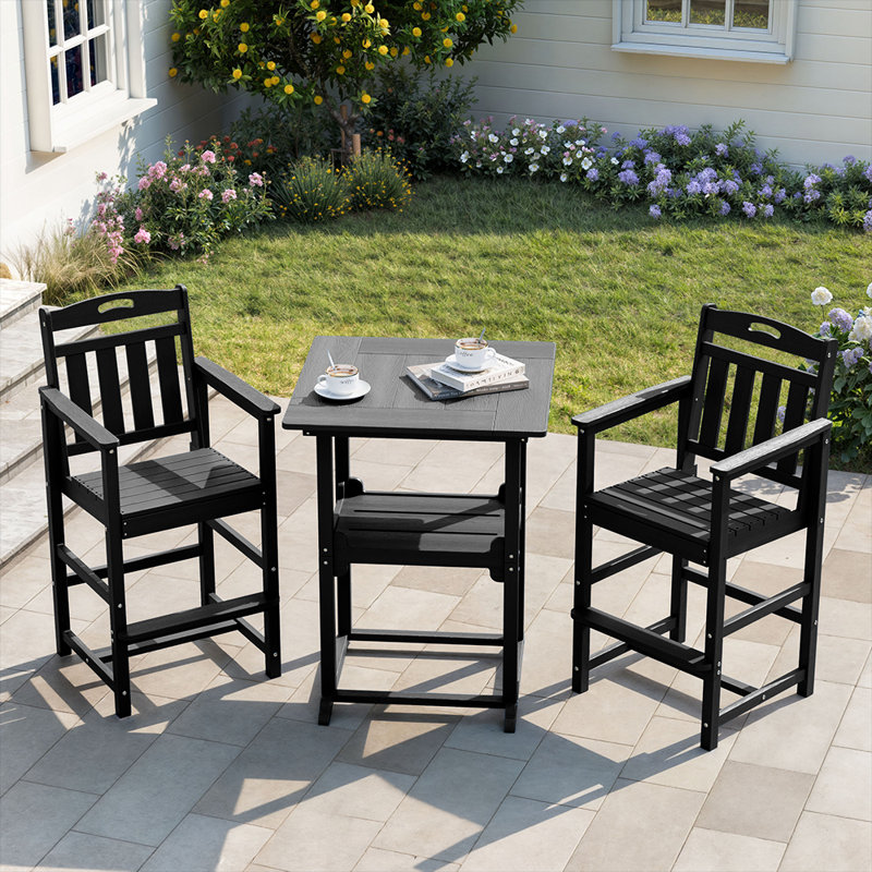 Ensemble de 3 barres d'extérieur Pennington pour 2 personnes avec table carrée et chaises en PEHD, Noir