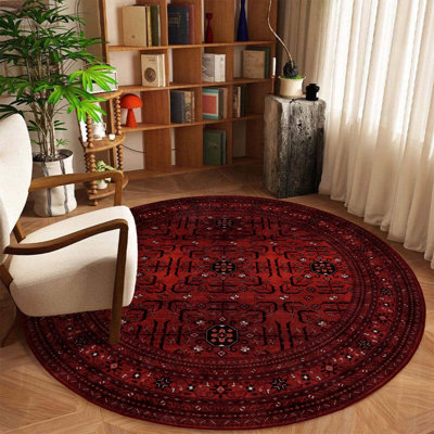  Machine Washable Area Rug, Washable, Non Slip, Low Pile Rug, Living Room, Bedroom, Kitchen Rug (5'3" Round Dark Red)