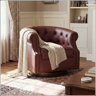 Fauteuil demi-tonneau pivotant à 360 degrés en similicuir avec conception capitonnée et base en bois cintré