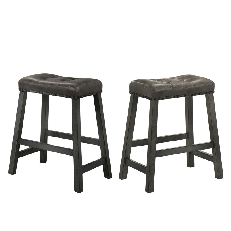 Ensemble de 2 tabourets de comptoir rustiques, tabourets de bar de ferme en bois sans dossier de 25 pouces avec siège en similicuir, finition patinée, conception peu encombrante