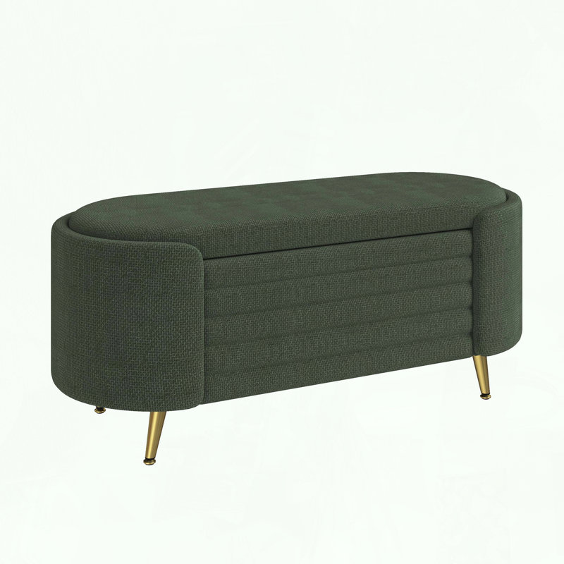 Modern Oval Chenille Storage Bench with Metal Legs, Green