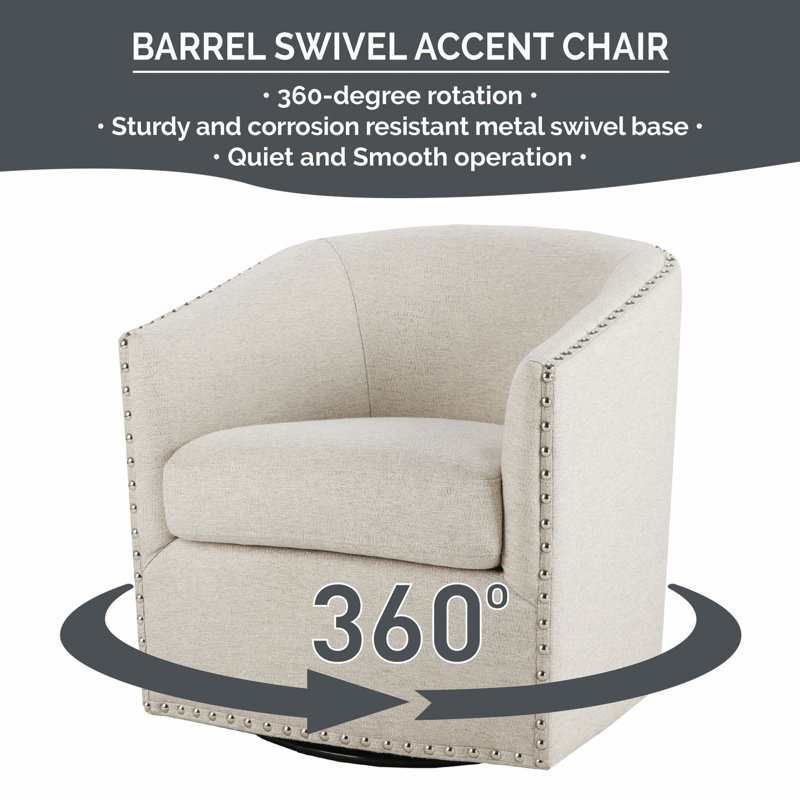 Tyler 360° Swivel Barrel Chair with Nailhead Trim, Natural, Natural Polyester