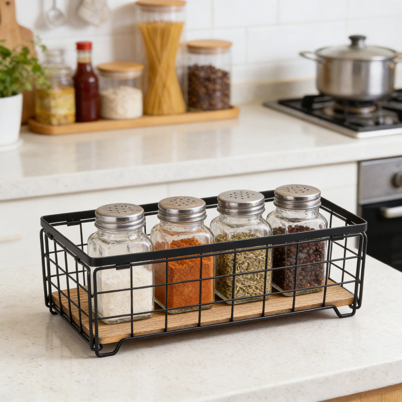 Metal Wire Storage Basket With Wood Base, Multi-Purpose Countertop Organizer For Bathroom, Kitchen, Pantry, Living Room And Office