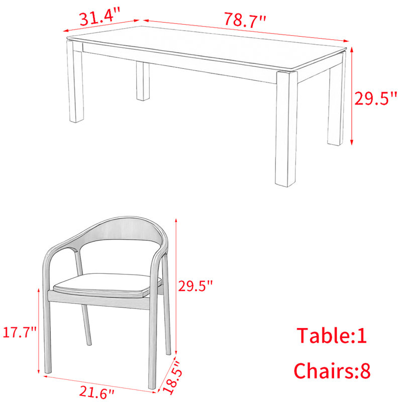 Ensemble de table à manger en bois franc français vintage, H 29,5 po x L 78,7 po x l 31,4 po