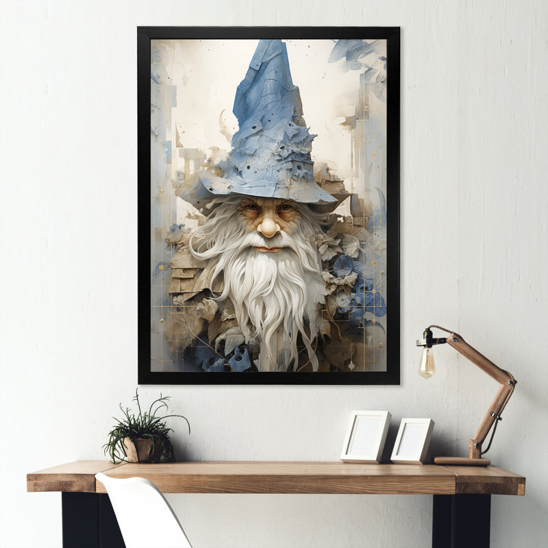 Minimalisme beige et gnome bleu sur toile, Cadre simple noir, H 44 po x l 34 po x P 1,5 po