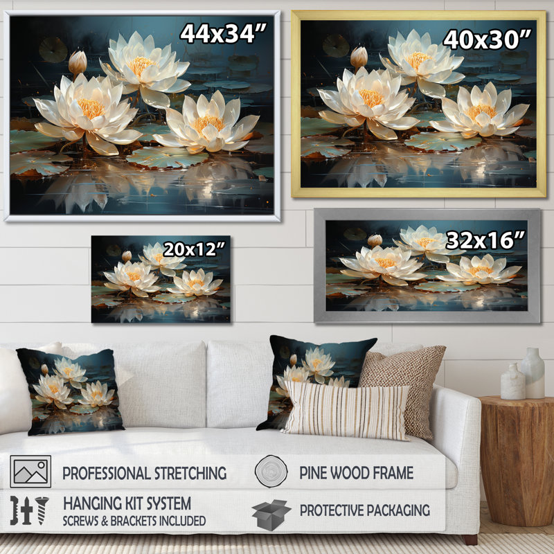 Fleurs de lotus baignées au clair de lune - Art sur toile de lotus, Cadre simple noir, H 34 po x l 44 po x P 1,5 po