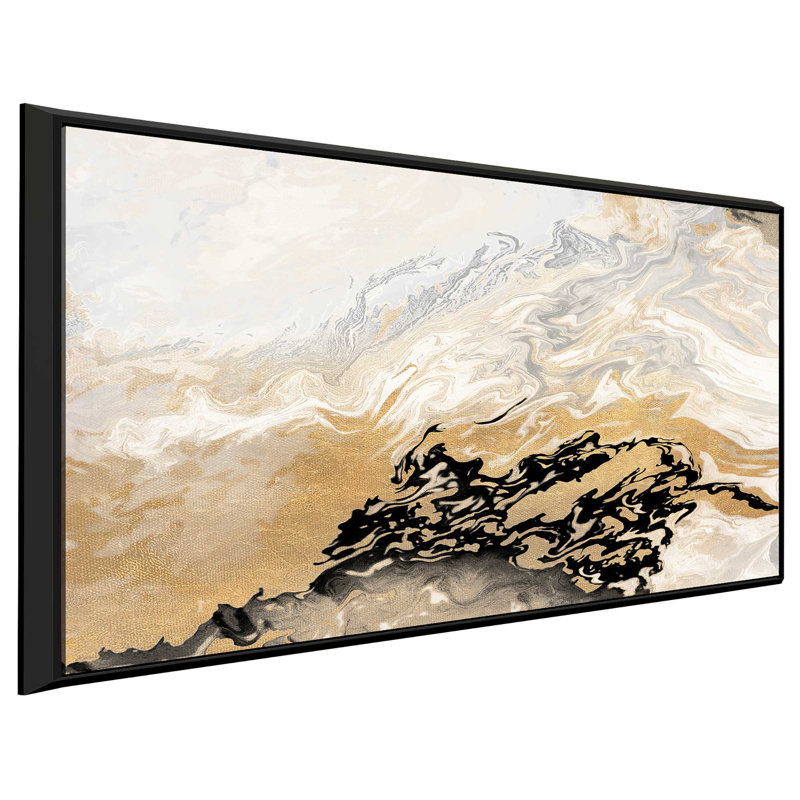 «Gold Wave», reproduction de peinture acrylique sur toile encadrée, H 39,5 po x l 63,5 po x P 2 po, Cadre noir