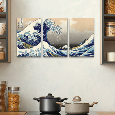 3 Panel Wall Art Set - Katsushika Hokusai 'The Great Kanagawa Wave' Canvas Wall Art for Living Room, Bedroom, or Office Decor by 