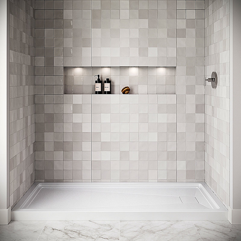 72 po x 36 po Base de douche en alcôve en acrylique blanc brillant avec bonde droite, bonde incluse, Blanc lustré