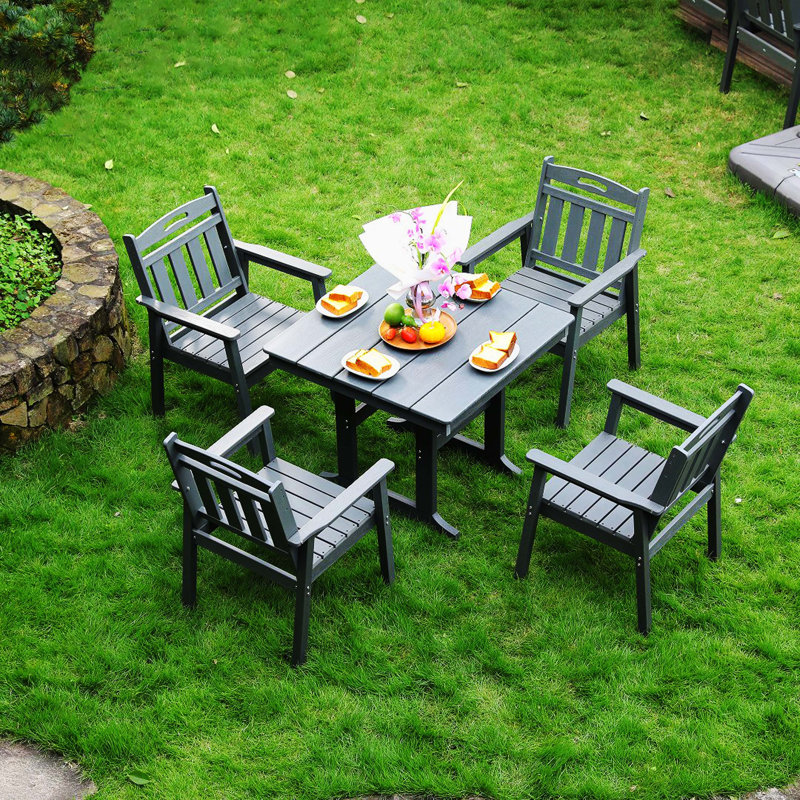 HDPE Outdoor Patio Dining Set, 1 Table & 4 Chairs With Umbrella Hole, Waterproof All-Weather Furniture For Lawn, Garden, Backyard & Poolside, Gray