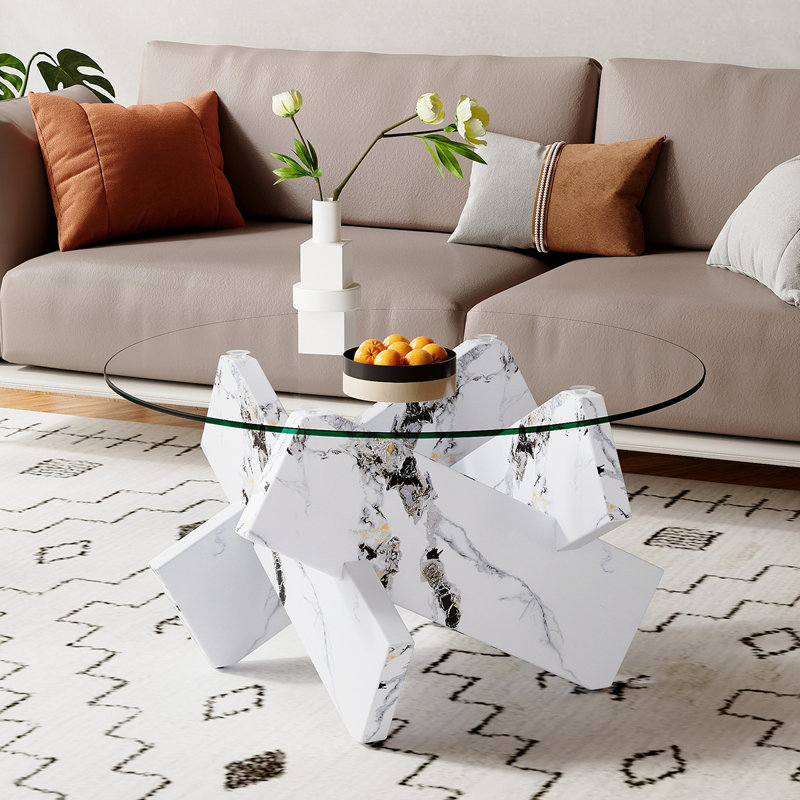 Table basse ronde moderne en verre trempé avec pieds aspect bois