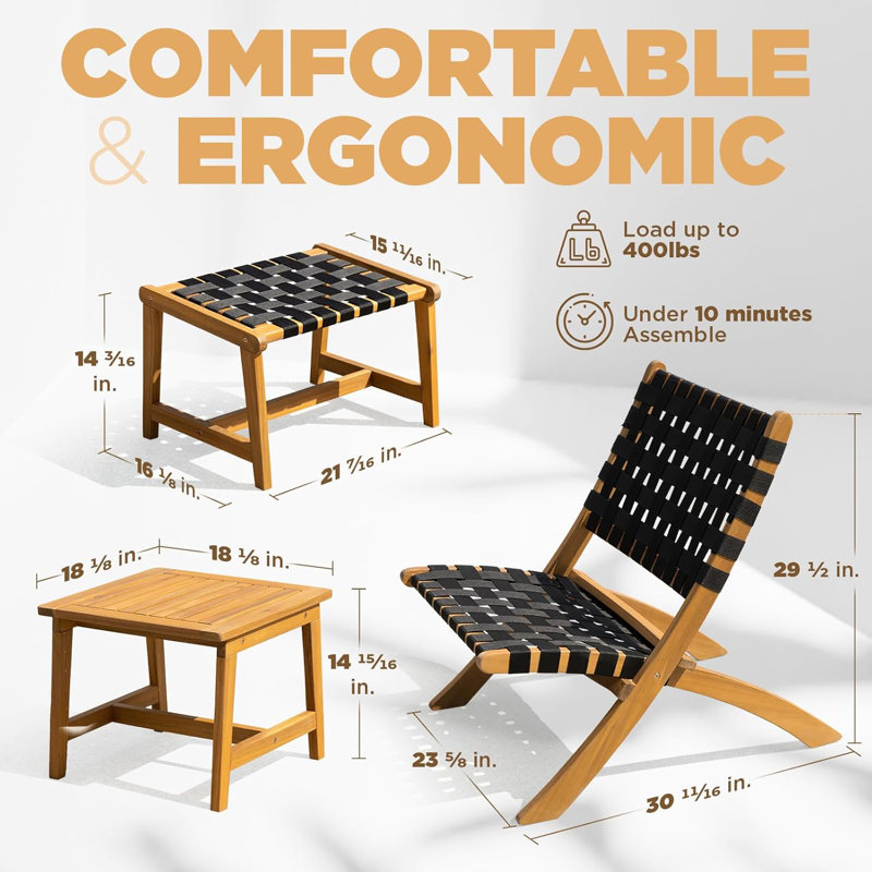 5-Piece Solid Wood Outdoor Bistro Set with Ottoman, Foldable Reclining Design