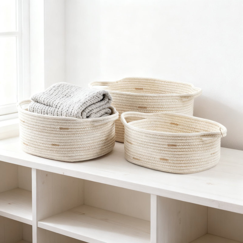 Fabric Rope Storage Baskets Set Of 3 With Easy-Carry Handles, Woven Decorative Organizing Bins For Home Organization In Multiple Sizes, Durable And Stylish Design