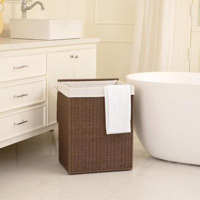 Laundry basket with lid, 90 liter (23.8 gallon) bedroom wicker laundry basket, hand woven paper rope clothes basket with washable lining and metal frame