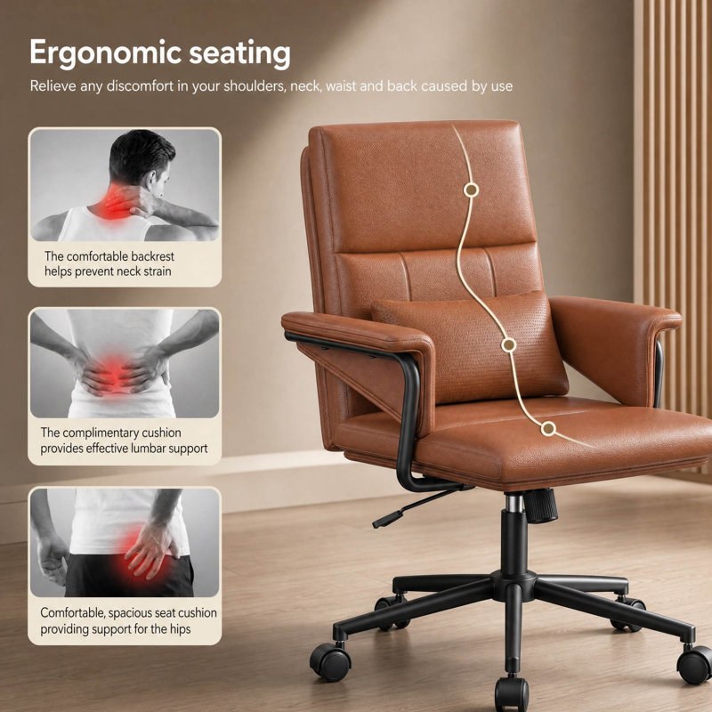64cm W Mid-Back PU Leather Home Office Chair with Padded Armrests, Brown