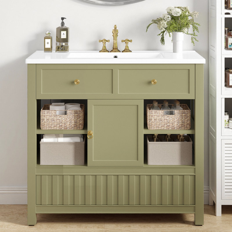 Meuble-lavabo 36 po - coin rabattable, 7 tablettes ouvertes et tiroir à ouverture par pression. Structure en bois massif, plateforme de robinet 4 po, étoile de rangement compacte