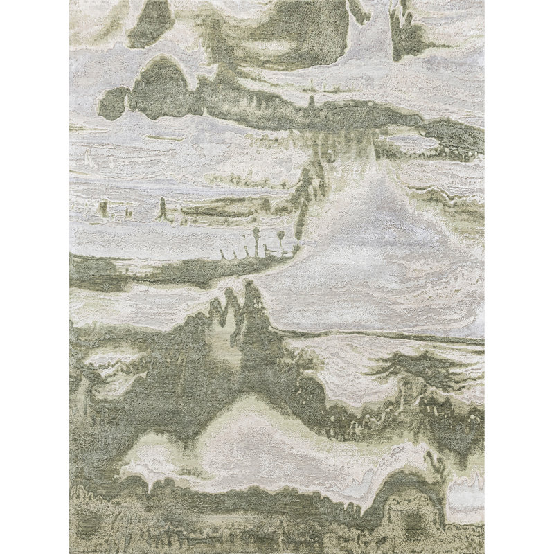 Tapis beige et vert noué à la main de haute qualité, Rectangulaire 8 pi x 10 pi