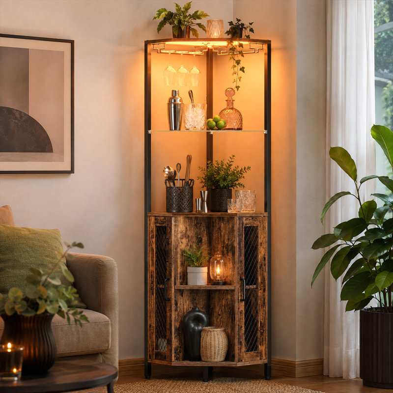 Armoire de bar d'angle 63,4 "avec lumières à DEL, armoire à vin haute avec rangement, armoire à alcool industrielle à 5 niveaux avec supports en verre, tablettes réglables