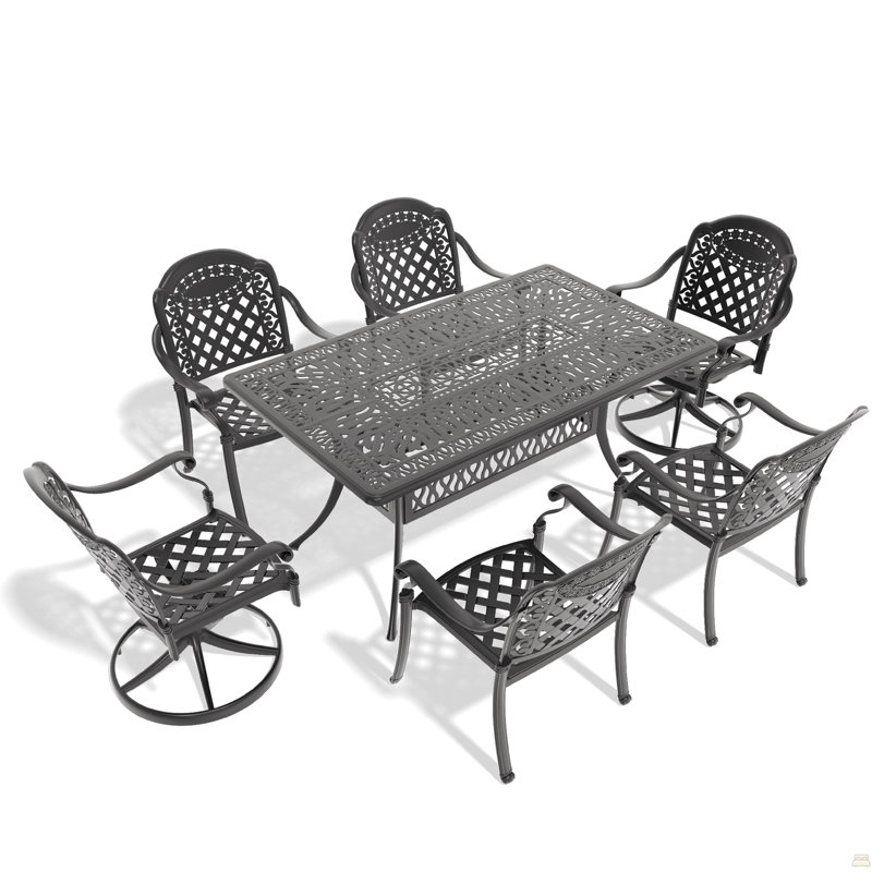 Ensemble de salle à manger 7 pièces en fonte d'aluminium toutes saisons comprenant 2 chaises pivotantes, 4 chaises et une table rectangulaire