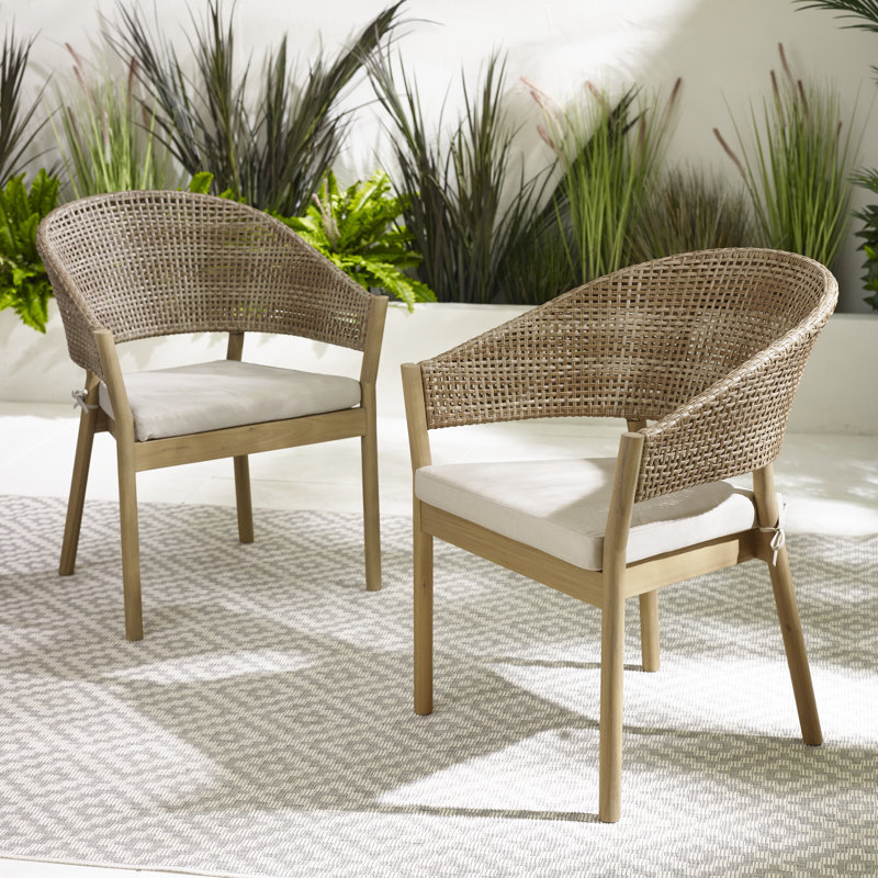 Ronja Solid Wooden Garden Outdoor Table Set With Wicker Dining Chairs - Modern Boho Style, 4