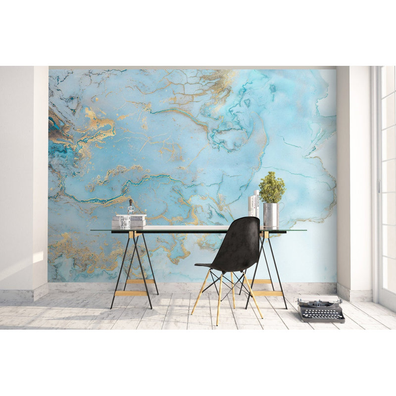 Papier peint amovible abstrait marbré bleu clair et doré, L 105,96 po x l 187 po
