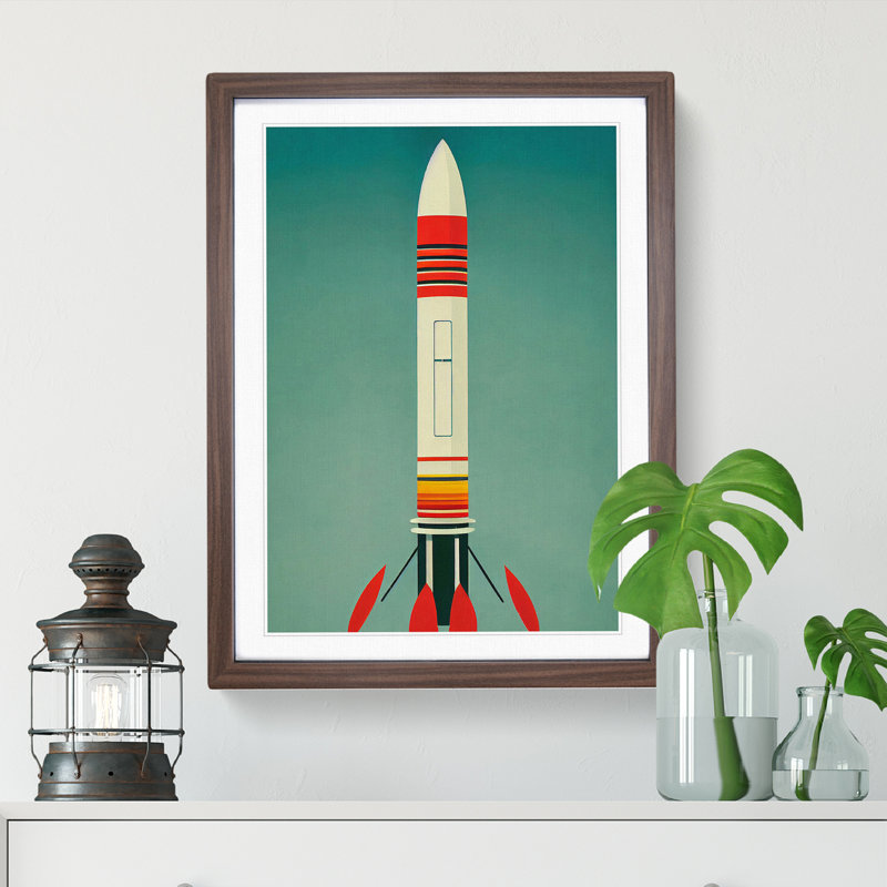 Retro Spaceship Rocket No.1 - Framed Print, 34cm H x 25cm W x 2cm D, Brown Framed