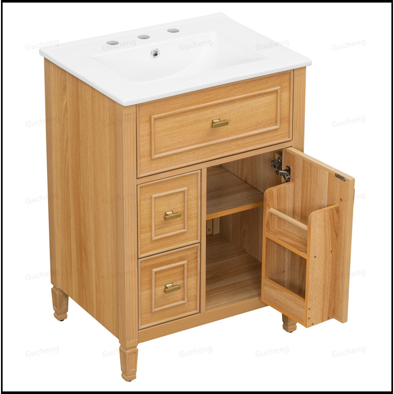 Meuble-lavabo en bois 24 po avec tablette réglable et lavabo, Brun