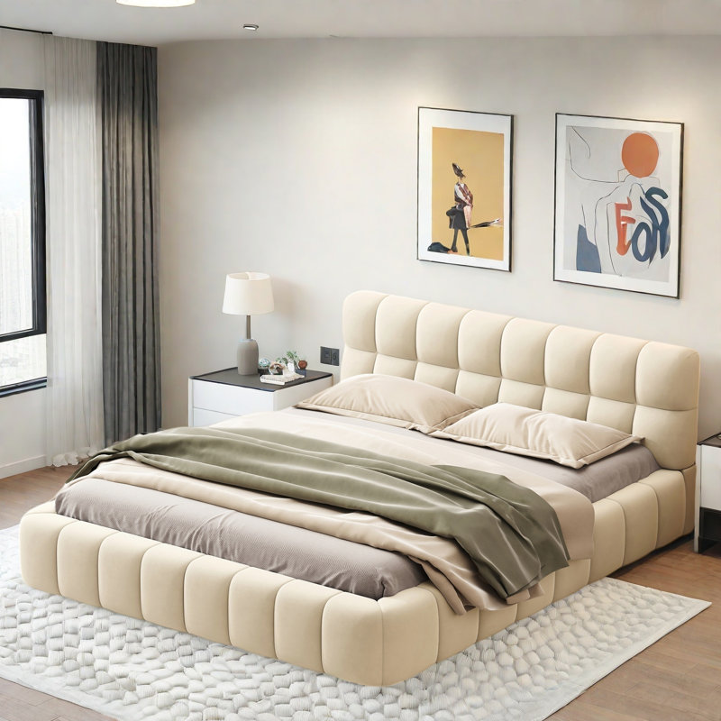 Élégant lit plateforme tapissier avec tissu épais, lit avec base solide, Beige