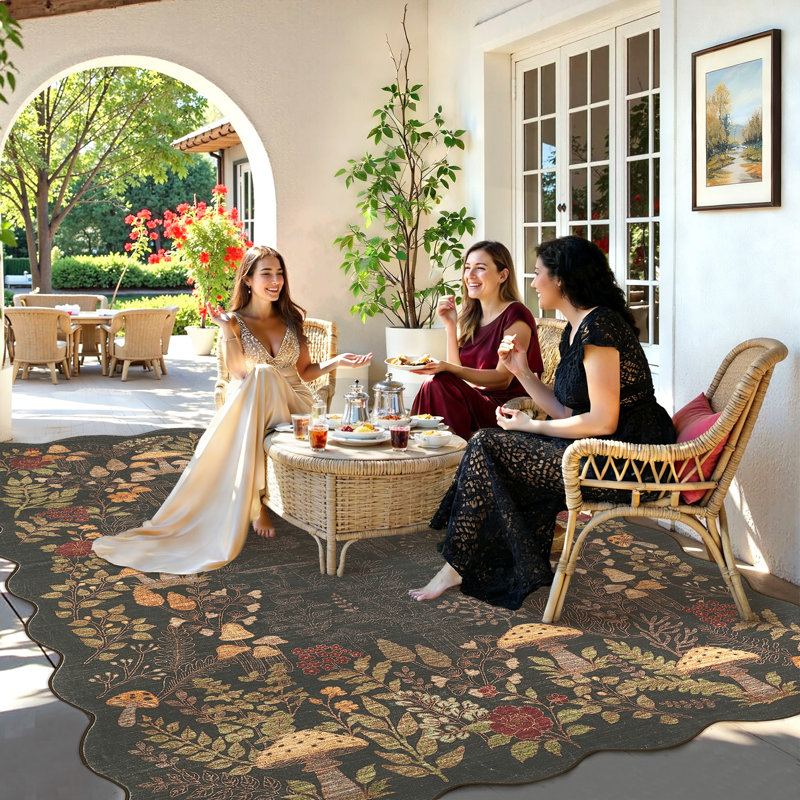 Area Rug 10x13 Rugs for Living Room Scalloped Mushroom Rug Washable Rugs Non Slip Stain Resistant Modern Throw Carpet Low Pile Folding Floor Cover for Farmhouse Dining Room Dorm，Brown