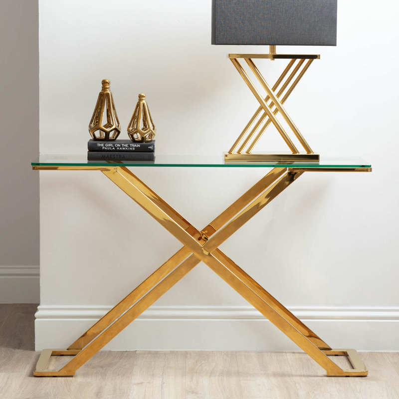Avilee 120cm Metal Console Table for Living Room Furniture, Modern Glass Top Hallway Table, Entrance Table, Clear, Gold