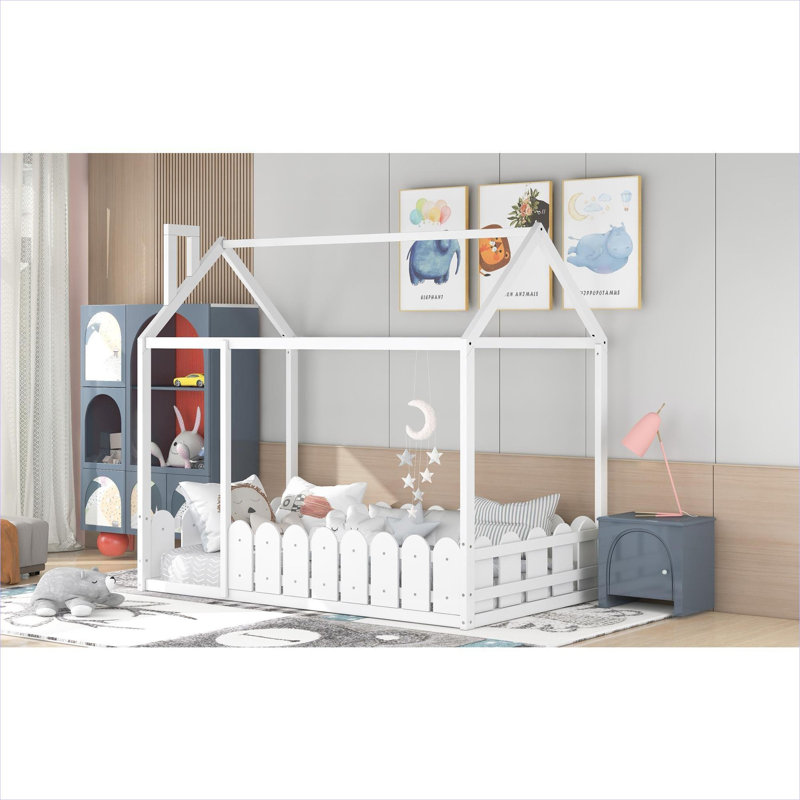 Twin Size Solid Wood House Bed Frame, Soft White Playhouse Design with Fence for Kids and Teens Bedrooms