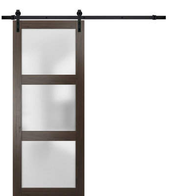 Sturdy Barn Door Frosted Glass Lucia 2552 Chocolate Ash 6.6FT Rail Hangers Heavy Hardware Set Solid Panel Interior Doors-42" x 84"-Black Rail