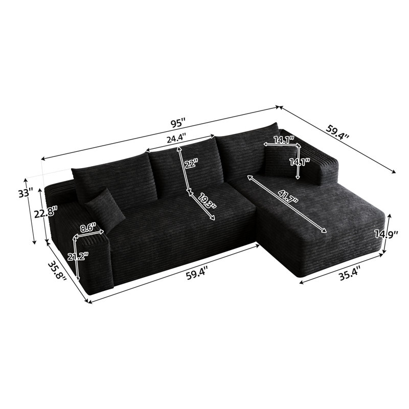 Canapé modulaire avec méridienne droite, Noir