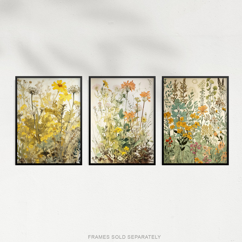 Wildflowers Vintage Pastel Floral Yellow Pink Teal Flower - 3 Piece No Frame Print Set, 29.7cm H x 21cm W x 0.4cm D