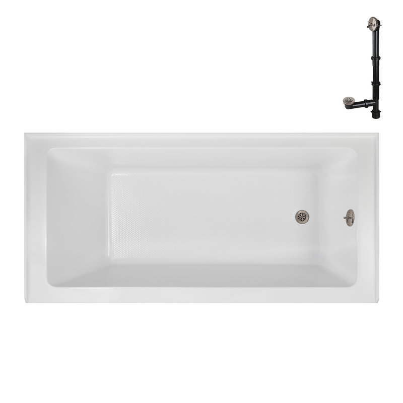 Baignoire en alcôve en acrylique blanc brillant avec drain extérieur 66 po x 32 po Streamline, Nickel brossé