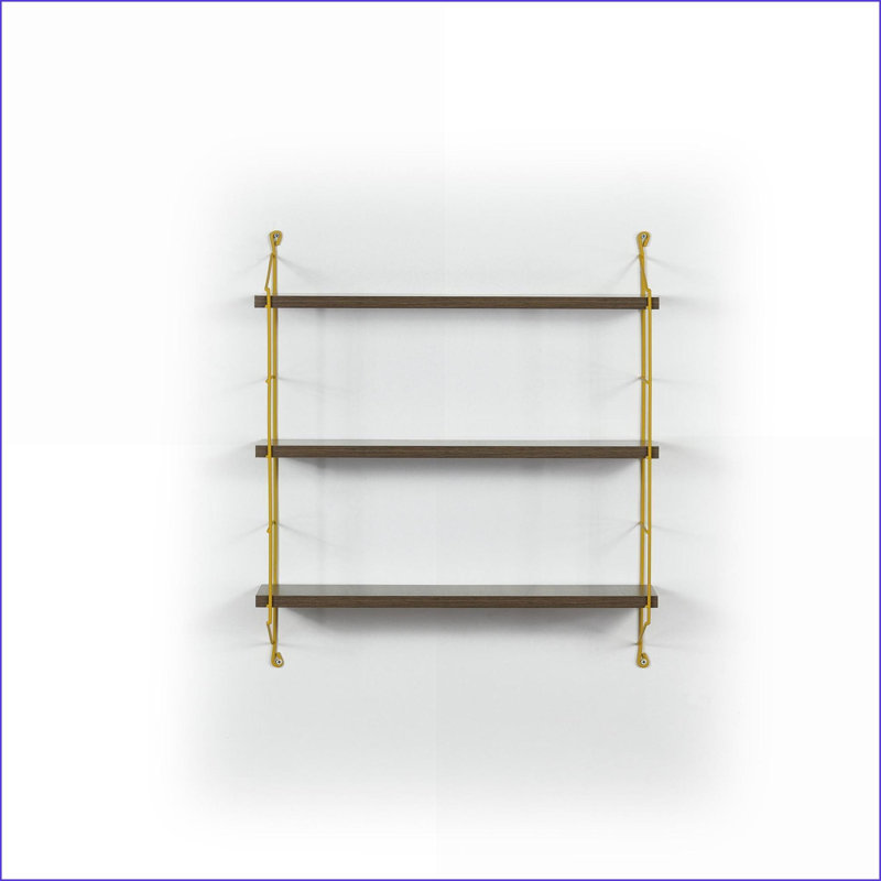 Étagère murale à 3 niveaux, élégant métal contemporain brun noyer et jaune citron | Fixation murale | Noyer | Ouvert à l'arrière