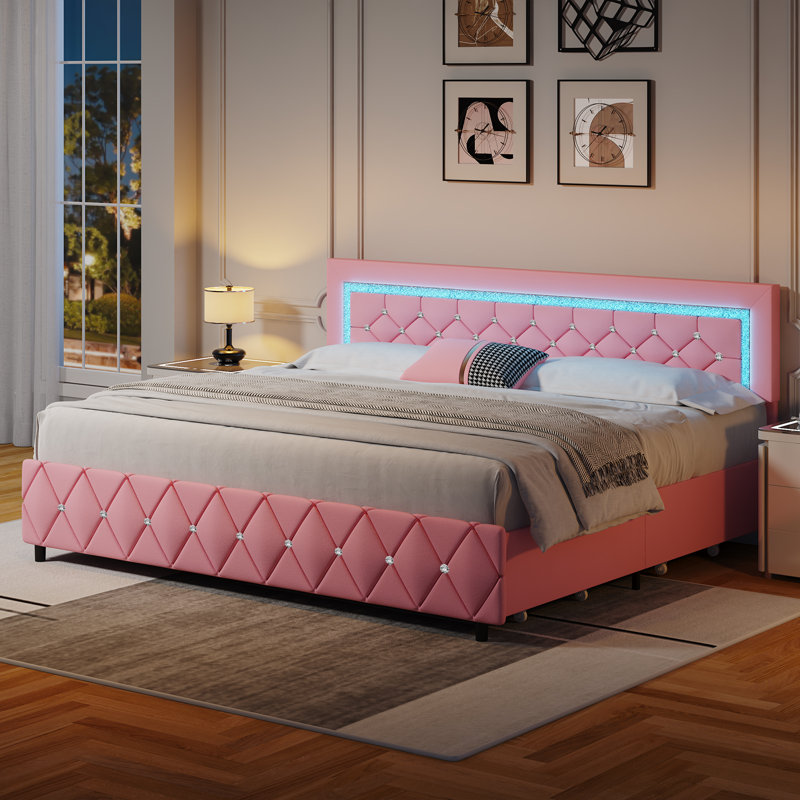 Cadre de lit plateforme tapissier avec lumières DEL et tiroirs de rangement Alber, Très grand lit, Rose