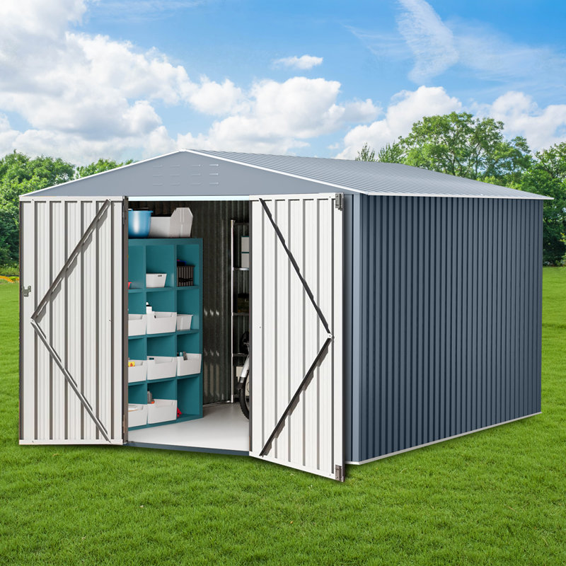 10x10 FT Outdoor Storage Shed, Metal Garden Shed with Sloped Roof, Waterproof Tool Storage House with Double Lockable Doors for Backyard, Patio, Lawn, Gray