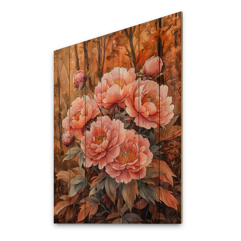 Pivoines et forêt d'automne I - Art mural en bois pivoines - sur bois de pin naturel, H 20 po x l 10 po x P 0,78 po