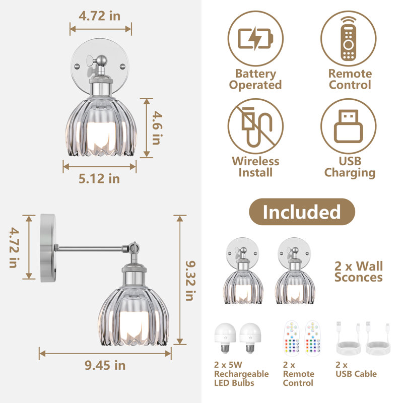 Battery Operated Tulip Wall Sconce Set Of 2 With Remote & Bulb, Dimmable Wireless Rechargeable Wall Lights (3 Color Temp & 12 Rgb) For Bedroom Living Room Hallway