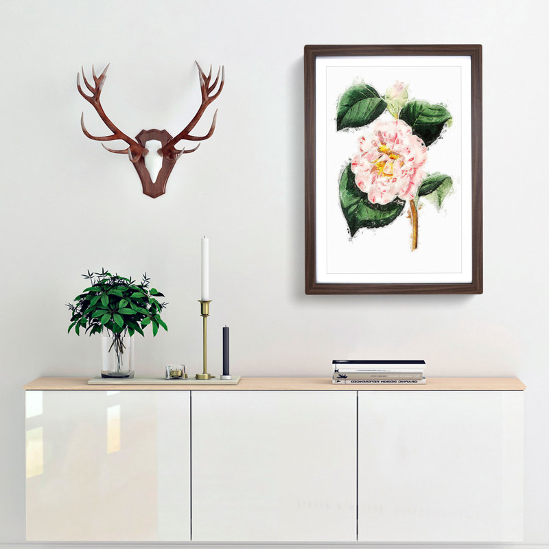 Pink Camellia Flowers - Picture Frame Painting Print, 65cm H x 48cm W x 2cm D, Walnut Framed