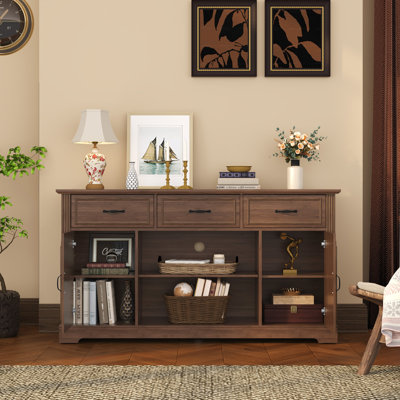 Meuble télé Farmhouse rustique avec tablettes intérieures réglables et tiroirs de rangement, console média en bois pouvant accueillir un téléviseur de 65 po ou moins dans le salon