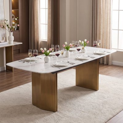78 inch White Sintered Stone Dining Table with Brushed Brass Stainless Steel Parallel Panel Pedestal Base