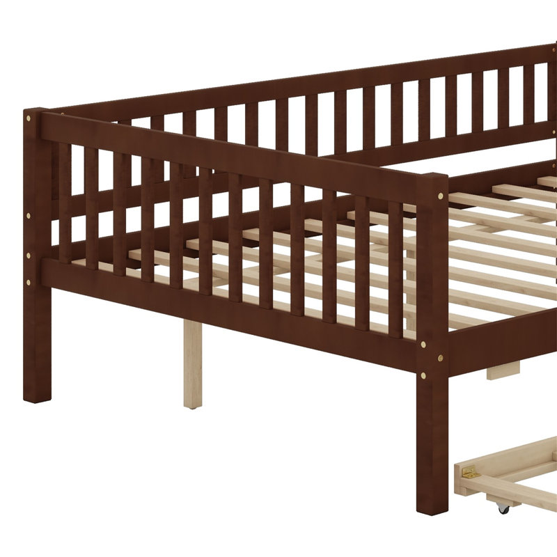 Wood Daybed With Trundle And Fence Guardrails, Walnut