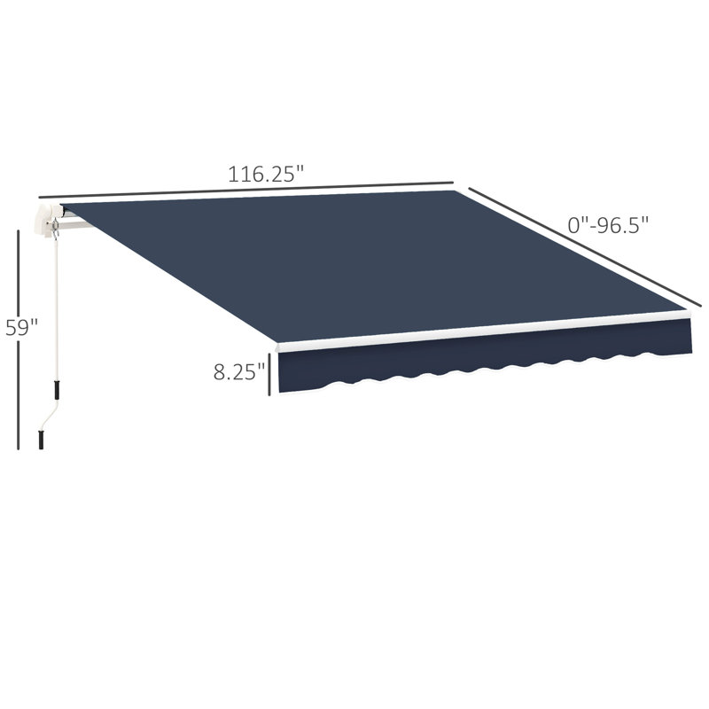 Auvent de terrasse rétractable 10 pi x 8 pi - bleu et recouvert d'eau, avec cadre en aluminium et commande à manivelle pour patio, balcon, cour, terrasse, main de balcon
