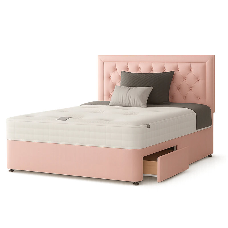 Urbank Divan Bed Base, Kingsize (5'), Pink, 2 Foot-end Drawers